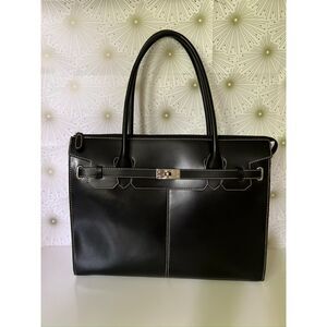 Wilson's Leather black laptop bag with white contrast stitching.